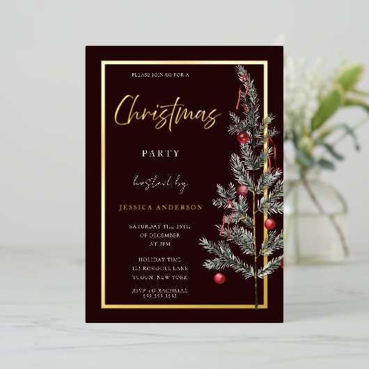 Traditionele kerstboomfeestdagen met goudkoorts folie uitnodiging (Staand Voorkant)