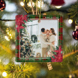 Traditionele kerstfoto's van Pset en Poinsettia Keramisch Ornament<br><div class="desc">Viel je kerst elk jaar met een jaarlijkse familiefornament. Dit ontwerp is voorzien van festive red,  green and gold plaid,  een foto van uw keuze,  poinsettia floralen met donkergroene bladeren,  een seizoensgroet,  naam en jaar.</div>