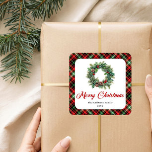 Traditionele Kerstkrans Rood Groen Geruit Set Vierkante Sticker