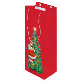 Traditionele  kerstman en boomkunst wijn cadeautas (Achterkant Gekanteld)