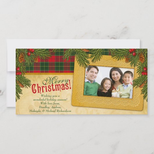 Traditionele Kerstmis Geruite Gezinsfoto Vakantie Feestdagenkaart (Voorkant)