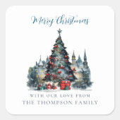 Traditionele Kerstscène naam Vrolijk Kerstfeest Vierkante Sticker (Voorkant)