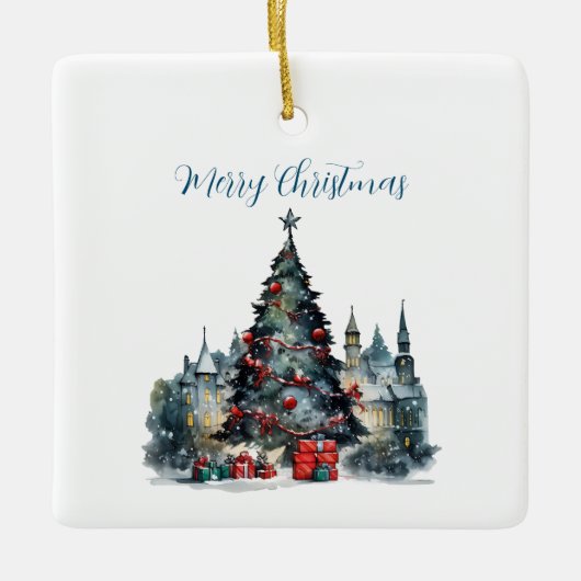 Traditionele Kerstscène Quote Vrolijk Kerstfeest Keramisch Ornament (Voorkant)