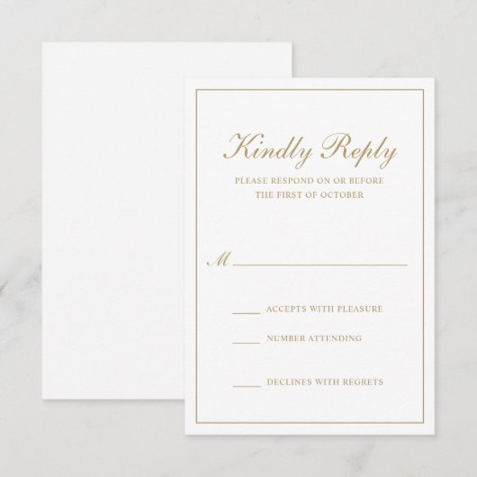 Traditionele klassieke officiële legante goudbruil RSVP kaartje (Voorkant / Achterkant)
