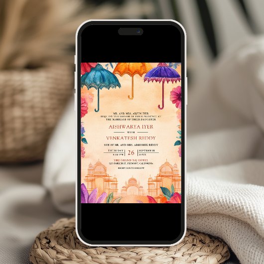 Traditionele kleurrijke paraplu's Indiase bruiloft Kaart