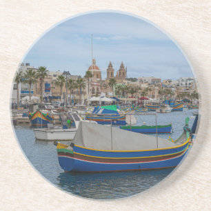 Traditionele kleurrijke vissersboten op Malta Zandsteen Onderzetter