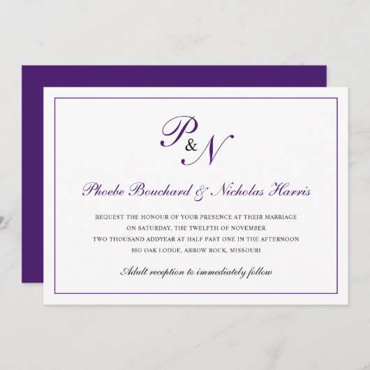 Traditionele koninklijke Paarse monogram Kaart (Voorkant / Achterkant)