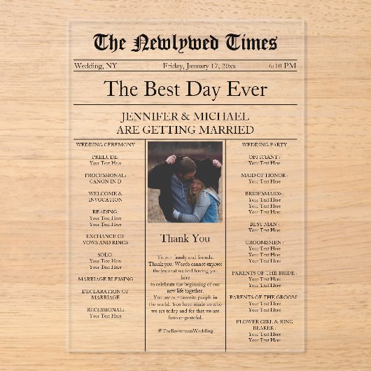 Traditionele krant Vintage bruiloft Acryl Uitnodigingen (Voorkant)