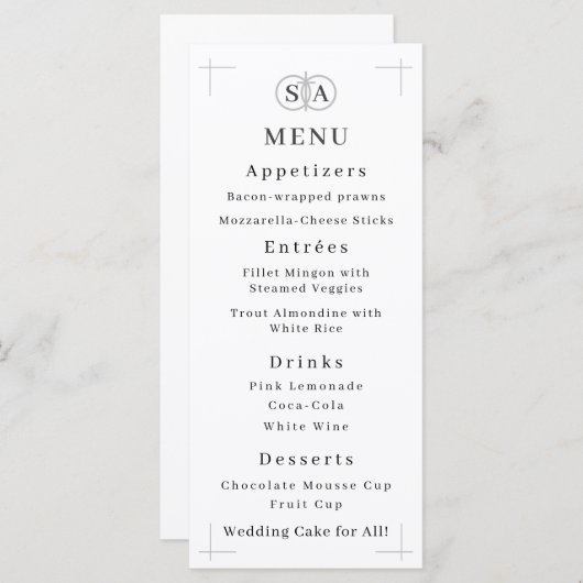 Traditionele kruis & ringen monogrammed bruiloft menu (Voorkant / Achterkant)