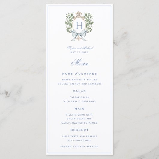 Traditionele Leaf Crest Monogram 4 Cursus Trouwen Menu (Voorkant)