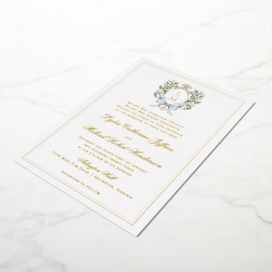 Traditionele Leaf Crest Monogram Folie Uitnodiging (Gedraaid)