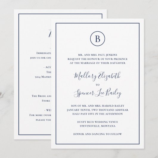 Traditionele Marine Blauw Elegant Alles in één bru Kaart (Voorkant / Achterkant)