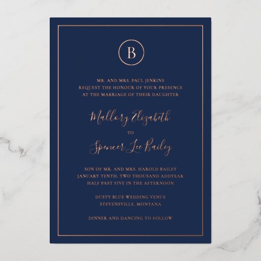 Traditionele Marine Blauw Elegante Huwelijk Folie Uitnodiging (Voorkant)
