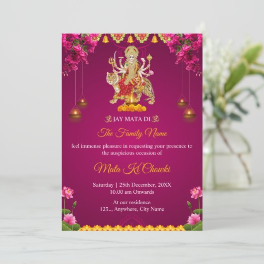 Traditionele Mata Ki Chowki Invitation Kaart (Staand voorkant)