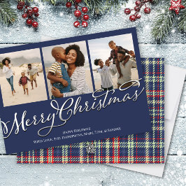 Traditionele Merry Christmas Navy Blue Plaid Foto Feestdagenkaart