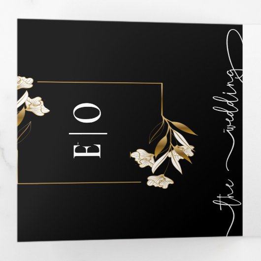 Traditionele moderne Klassiek | Zwart withuwelijk Drieluik Uitnodiging (Binnenzijde eerst)