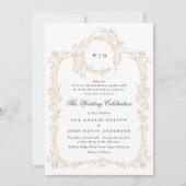 Traditionele Monogram Blush Crest Elegante Bruilof Kaart (Voorkant)