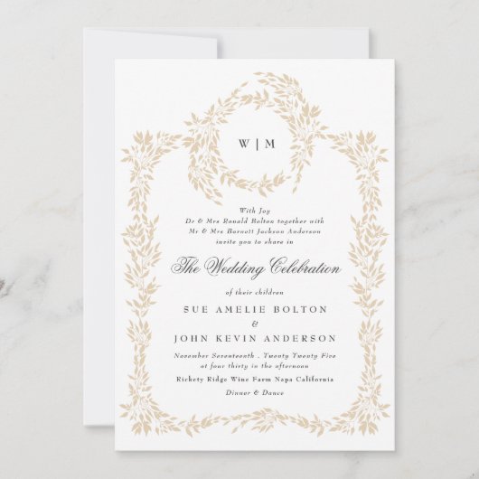 Traditionele Monogram Blush Crest Elegante Bruilof Kaart (Voorkant)