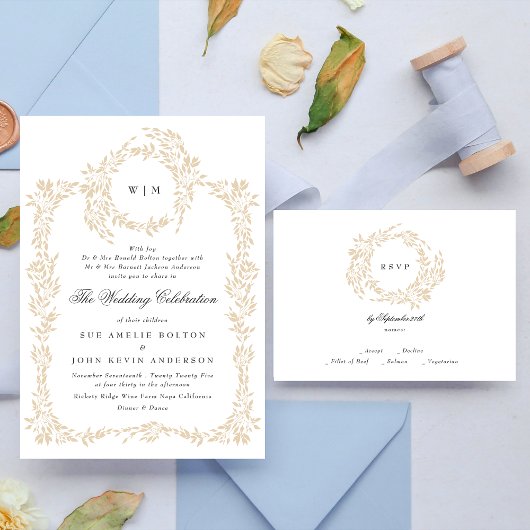 Traditionele Monogram Blush Crest Elegante Bruilof RSVP Kaartje