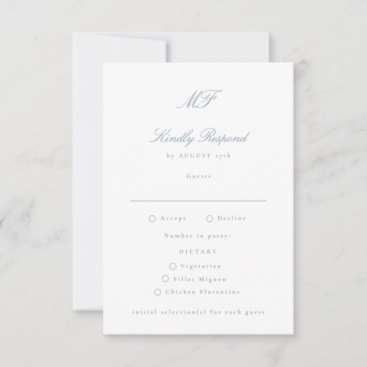 Traditionele Monogram Classic Dusty Blue Wedding RSVP Kaartje (Voorkant)
