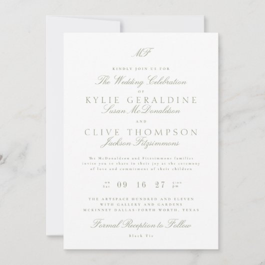 Traditionele Monogram Classic Sage Green Wedding Kaart (Voorkant)