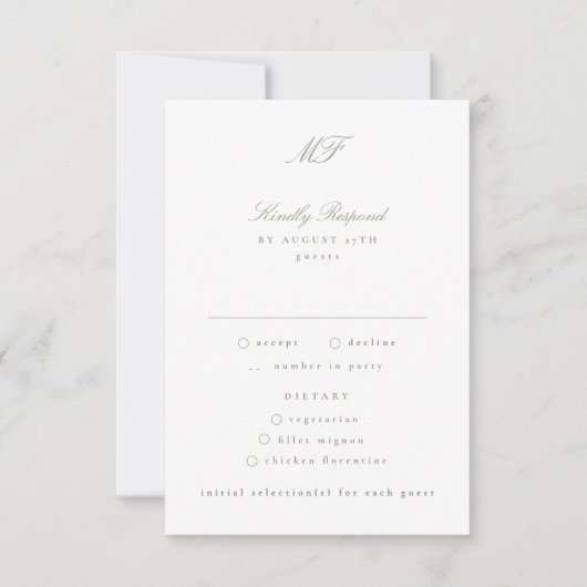 Traditionele Monogram Classic Sage Green Wedding RSVP Kaartje (Voorkant)
