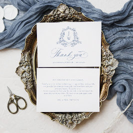 Traditionele Monogram Crest Blauw Elegante Huwelij Bedankkaart