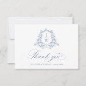 Traditionele Monogram Crest Blauw Elegante Huwelij Bedankkaart (Voorkant)