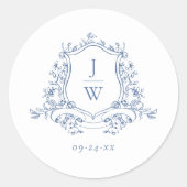 Traditionele Monogram Crest Blauw Elegante Huwelij Ronde Sticker (Voorkant)