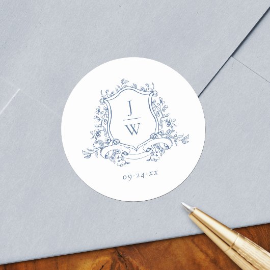 Traditionele Monogram Crest Blauw Elegante Huwelij Ronde Sticker