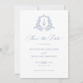 Traditionele Monogram Crest Bloemen Blauw Huwelijk Save The Date (Voorkant)