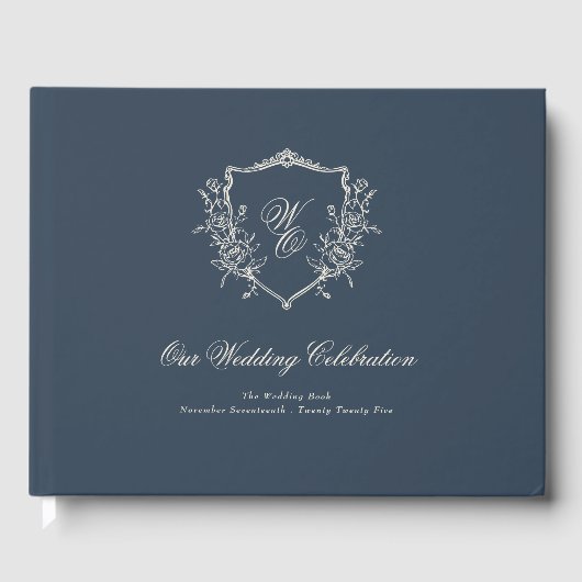 Traditionele Monogram Crest Classic Navy Wedding Gastenboek (Voorkant)