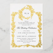 Traditionele Monogram Crest Classic Wedding Gold Folie Uitnodiging (Voorkant)