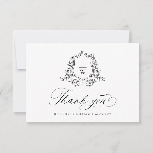 Traditionele Monogram Crest Floral Elegant Huwelij Bedankkaart (Voorkant)