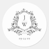 Traditionele Monogram Crest Floral Elegant Huwelij Ronde Sticker (Voorkant)