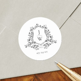 Traditionele Monogram Crest Floral Elegant Huwelij Ronde Sticker