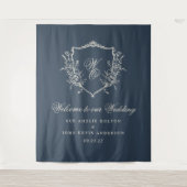 Traditionele Monogram Crest Navy Blue Wedding Wandkleed (Voorkant)