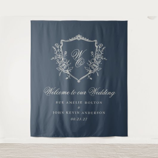 Traditionele Monogram Crest Navy Blue Wedding Wandkleed (Voorkant)