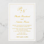 Traditionele Monogram Formele Elegante Huwelijk Folie Uitnodiging<br><div class="desc">De traditionele Uitnodiging van het Wedden met een eenvoudig en klassiek ontwerp met uw twee monogram van het initiaal en uw namen in een elegante kalligrafie binnen een dunne grens. Alle ontwerpelementen zijn gedrukt in echte gouden folie. Deze luxe huwelijksuitnodiging met een tijdloze vormgeving is perfect voor een formele bruiloft....</div>