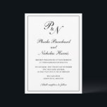 Traditionele Monogram Formele Elegante Huwelijk Kaart<br><div class="desc">Traditionele trouwuitnodiging in klassiek zwart-wit met een eenvoudig design met uw twee initiaal monogram en uw namen in een elegante kalligrafie binnen een dunne rand. De achterkant is stevig zwart. Dit stijlvolle ontwerp is perfect voor een formele bruiloft.</div>