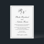 Traditionele Monogram Formele Elegante Huwelijk Kaart<br><div class="desc">Traditionele trouwuitnodiging in klassiek zwart-wit met een eenvoudig design met uw twee initiaal monogram en uw namen in een elegante kalligrafie binnen een dunne rand. De achterkant is stevig zwart. Dit stijlvolle ontwerp is perfect voor een formele bruiloft.</div>