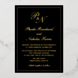 Traditionele monogram Formele Zwarte Weddenschap G Folie Uitnodiging<br><div class="desc">Traditionele zwarte en gouden folie trouwuitnodiging met een eenvoudig en klassiek ontwerp met uw twee initiaal monogram en uw namen in een elegante kalligrafie binnen een dunne rand. Alle ontwerpelementen aan de voorzijde zijn in reële folie afgedrukt. Deze luxe huwelijksuitnodiging met een tijdloze vormgeving is perfect voor een formele bruiloft....</div>