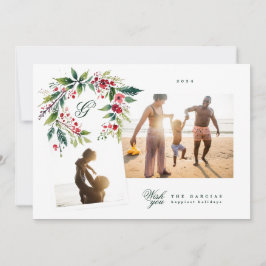 Traditionele Monogram Groene krans fotocollage Feestdagenkaart