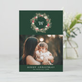 Traditionele monogram krans één foto Kerstmis Feestdagenkaart (Staand voorkant)