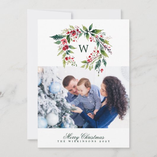 Traditionele monogram krans één foto Kerstmis Feestdagenkaart (Voorkant)