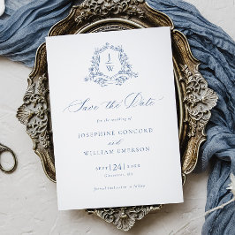 Traditionele Monogram Wapen Bloemige Blauwe Trouw Save The Date