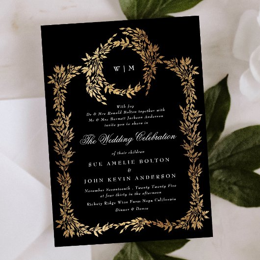 Traditionele Monogram Zwart Crest Klassieke Bruilo Kaart