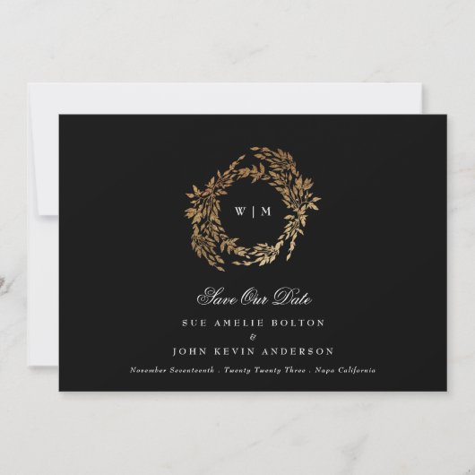 Traditionele Monogram Zwart Crest Klassieke Bruilo Save The Date (Voorkant)