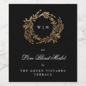 Traditionele Monogram Zwart Crest Klassieke Bruilo Wijn Etiket (Enkel label)