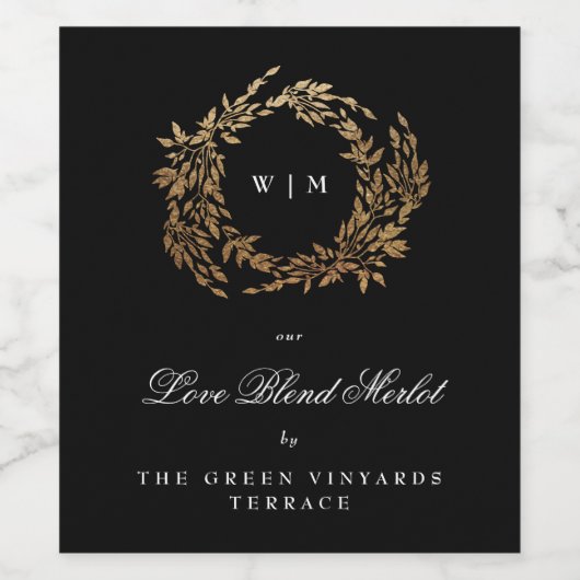 Traditionele Monogram Zwart Crest Klassieke Bruilo Wijn Etiket (Enkel label)